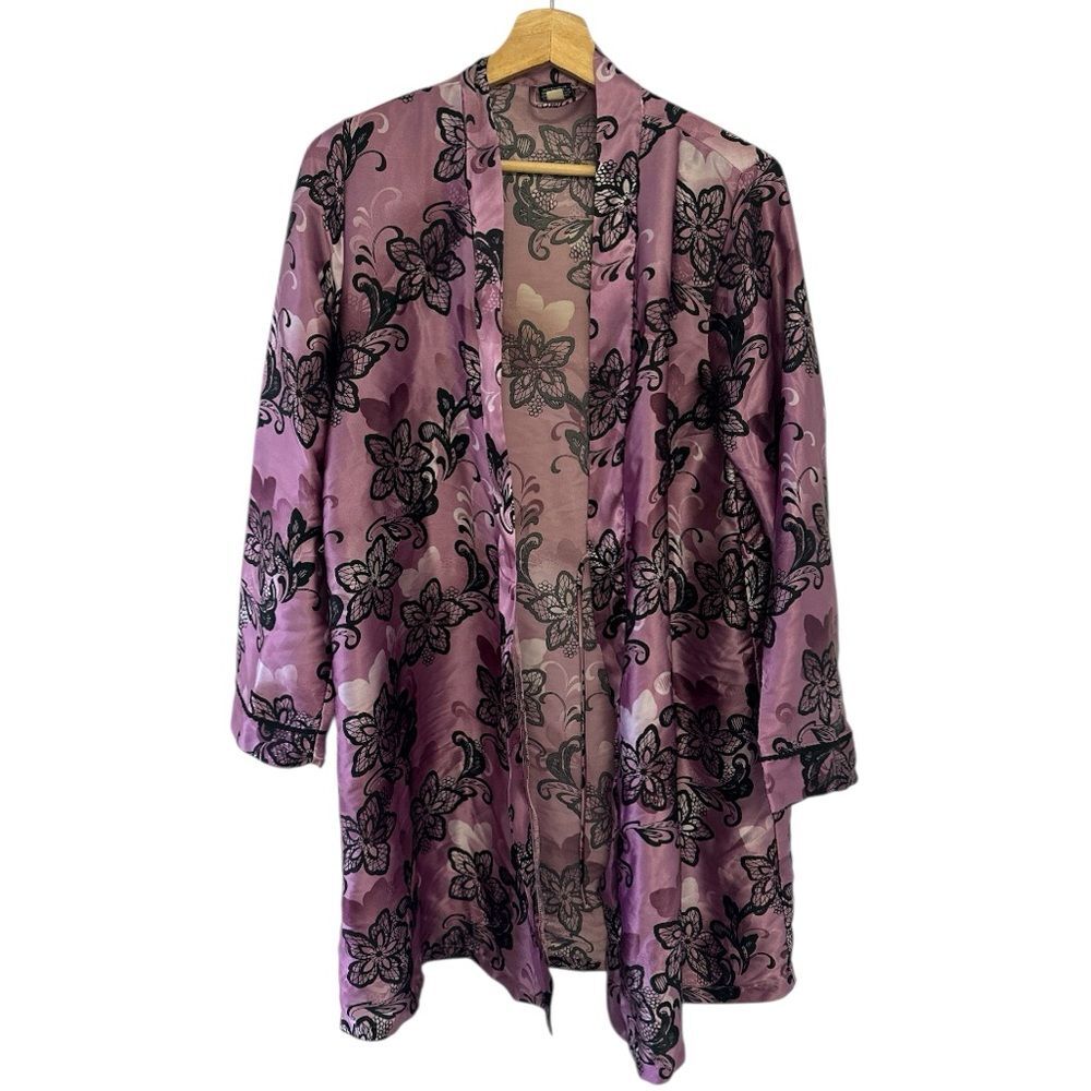 Apt. 9 Purple Floral Satin Robe Small Kimono Boudoir Bridal Romantic Paisley